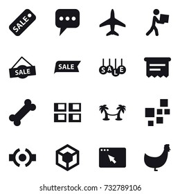 16 vector icon set : sale, message, plane, courier, atm receipt, panel house, palm hammock, chicken