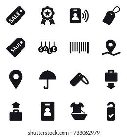 16 vector icon set : sale, medal, pass card, label, sale label, barcode, baggage get, baggage, identity card, handle washing, please clean