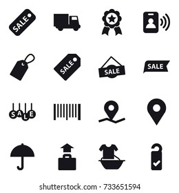 16 vector icon set : sale, truck, medal, pass card, label, sale label, barcode, baggage, handle washing, please clean