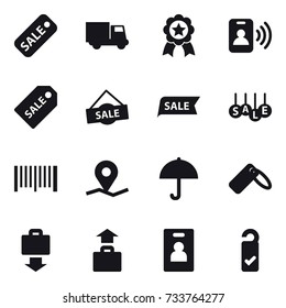 16 vector icon set : sale, truck, medal, pass card, sale label, barcode, baggage get, baggage, identity card, please clean