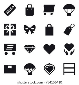 16 vector icon set : sale, shopping bag, delivery, parachute, gift, bow, label, diamond, heart pendant, rack