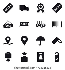 16 vector icon set : sale, truck, medal, sale label, barcode, baggage get, baggage, identity card, please clean