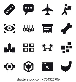 16 vector icon set : sale, message, plane, courier, eye identity, atm receipt, castle, panel house, palm hammock, chicken