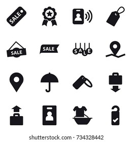 16 vector icon set : sale, medal, pass card, label, baggage get, baggage, identity card, handle washing, please clean