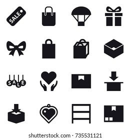 16 vector icon set : sale, shopping bag, parachute, gift, bow, box, heart pendant, rack, package