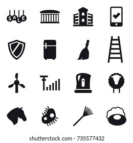 16 vector icon set : sale, airport building, building, mobile checking, shield, fridge, broom, stairs, kettle, sheep, horse, microb, rake, soap