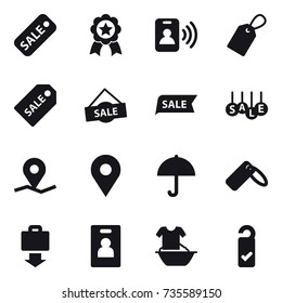 16 vector icon set : sale, medal, pass card, label, sale label, baggage get, identity card, handle washing, please clean