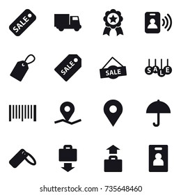 16 vector icon set : sale, truck, medal, pass card, label, sale label, barcode, baggage get, baggage, identity card