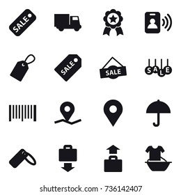 16 vector icon set : sale, truck, medal, pass card, label, sale label, barcode, baggage get, baggage, handle washing