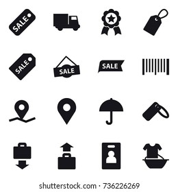 16 vector icon set : sale, truck, medal, label, sale label, barcode, baggage get, baggage, identity card, handle washing