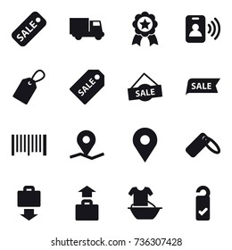16 vector icon set : sale, truck, medal, pass card, label, sale label, barcode, baggage get, baggage, handle washing, please clean