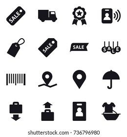 16 vector icon set : sale, truck, medal, pass card, label, sale label, barcode, baggage get, baggage, identity card, handle washing