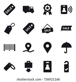 16 vector icon set : sale, truck, medal, pass card, label, sale label, barcode, baggage get, identity card, please clean