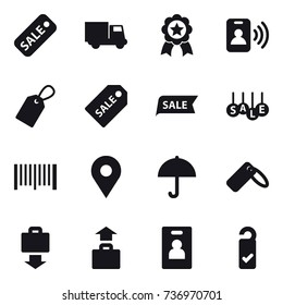 16 vector icon set : sale, truck, medal, pass card, label, sale label, barcode, baggage get, baggage, identity card, please clean