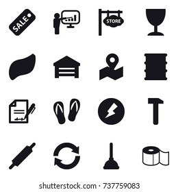 16 vector icon set : sale, presentation, store signboard, wineglass, garage, flip-flops, electricity, rolling pin, reload, plunger, toilet paper