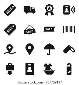 16 vector icon set : sale, truck, medal, pass card, sale label, barcode, baggage get, identity card, handle washing, please clean