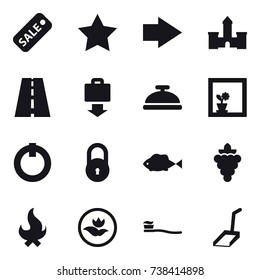 16 vector icon set : sale, star, right arrow, castle, baggage get, service bell, flower in window, grape, fire, ecology, tooth brush, scoop