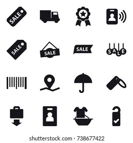 16 vector icon set : sale, truck, medal, pass card, sale label, barcode, baggage get, identity card, handle washing, please clean