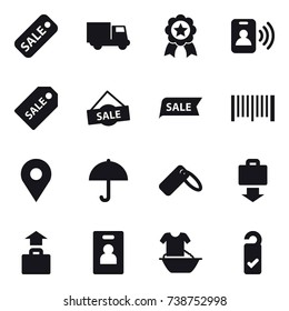 16 vector icon set : sale, truck, medal, pass card, sale label, barcode, baggage get, baggage, identity card, handle washing, please clean