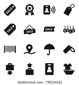16 vector icon set : sale, medal, pass card, label, sale label, barcode, baggage get, baggage, identity card, handle washing