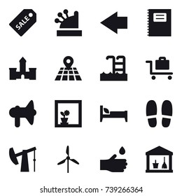 16 vector icon set : sale label, cashbox, left arrow, copybook, castle, pool, baggage trolley, loudspeaker, flower in window, bed, slippers, windmill, hand drop, utility room
