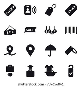 16 vector icon set : sale, pass card, label, sale label, barcode, baggage get, baggage, handle washing, please clean