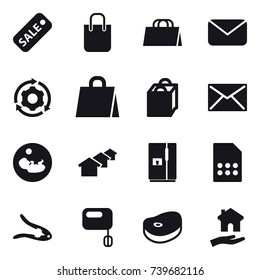 16 vector icon set : sale, shopping bag, mail, around gear, houses, fridge, walnut crack, housing