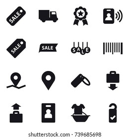 16 vector icon set : sale, truck, medal, pass card, sale label, barcode, baggage get, baggage, identity card, handle washing, please clean