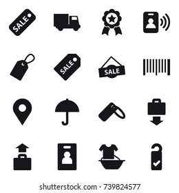 16 vector icon set : sale, truck, medal, pass card, label, sale label, barcode, baggage get, baggage, identity card, handle washing, please clean