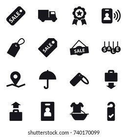 16 vector icon set : sale, truck, medal, pass card, label, sale label, baggage get, baggage, identity card, handle washing, please clean