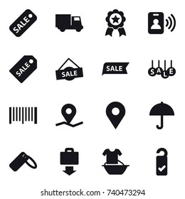 16 vector icon set : sale, truck, medal, pass card, sale label, barcode, baggage get, handle washing, please clean