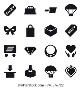 16 vector icon set : sale, shopping bag, delivery, parachute, bow, box, sale label, diamond, necklace, heart pendant