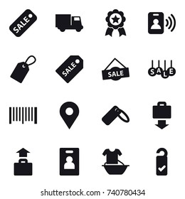 16 vector icon set : sale, truck, medal, pass card, label, sale label, barcode, baggage get, baggage, identity card, handle washing, please clean