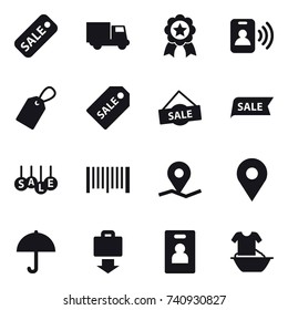 16 vector icon set : sale, truck, medal, pass card, label, sale label, barcode, baggage get, identity card, handle washing