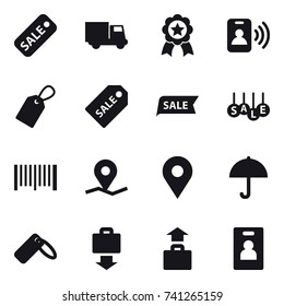 16 vector icon set : sale, truck, medal, pass card, label, sale label, barcode, baggage get, baggage, identity card