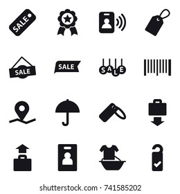 16 vector icon set : sale, medal, pass card, label, barcode, baggage get, baggage, identity card, handle washing, please clean