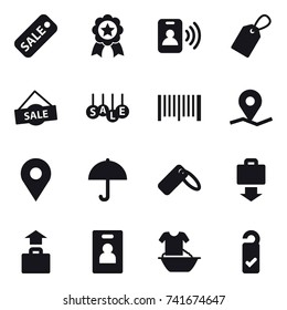 16 vector icon set : sale, medal, pass card, label, barcode, baggage get, baggage, identity card, handle washing, please clean