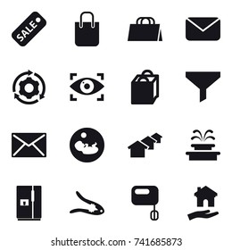 16 vector icon set : sale, shopping bag, mail, around gear, eye identity, funnel, houses, fountain, fridge, walnut crack, housing