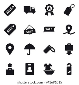 16 vector icon set : sale, truck, medal, label, sale label, baggage get, baggage, identity card, handle washing, please clean