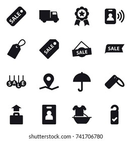 16 vector icon set : sale, truck, medal, pass card, label, sale label, baggage, identity card, handle washing, please clean
