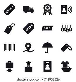16 vector icon set : sale, truck, medal, pass card, label, sale label, barcode, baggage get, baggage, identity card, handle washing