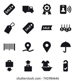 16 vector icon set : sale, truck, medal, pass card, label, sale label, barcode, baggage get, baggage, handle washing, please clean