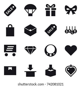 16 vector icon set : sale, parachute, gift, bow, shopping bag, box, sale label, delivery, diamond, necklace, heart pendant