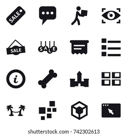 16 vector icon set : sale, message, courier, eye identity, atm receipt, list, info, castle, panel house, palm hammock