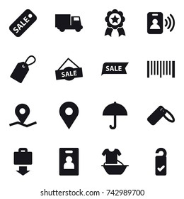 16 vector icon set : sale, truck, medal, pass card, label, barcode, baggage get, identity card, handle washing, please clean