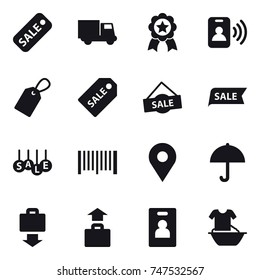 16 vector icon set : sale, truck, medal, pass card, label, sale label, barcode, baggage get, baggage, identity card, handle washing