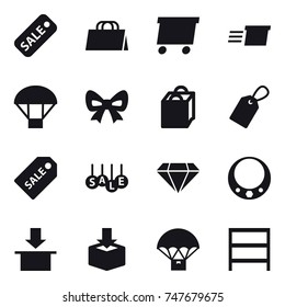 16 vector icon set : sale, shopping bag, delivery, parachute, bow, label, sale label, diamond, necklace, rack