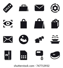 16 vector icon set : sale, shopping bag, mail, around gear, eye identity, houses, fountain, fridge