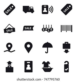 16 vector icon set : sale, truck, pass card, sale label, barcode, baggage get, baggage, identity card, handle washing, please clean