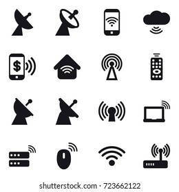 16 vector icon set : satellite antenna, satellite antenna, phone wireless, cloud wireless, phone pay, wireless home, antenna, remote control, satellite antenna